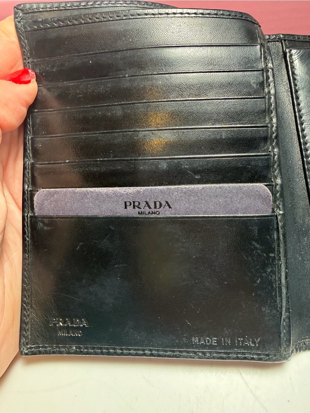 Prada Black Leather Compact Wallet with Silver Name Plate - Picture 8 of 12